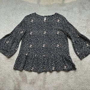 Madewell Floral Peasant Blouse Women M 100 % Silk Black Long‎ Sleeve  Top Casual